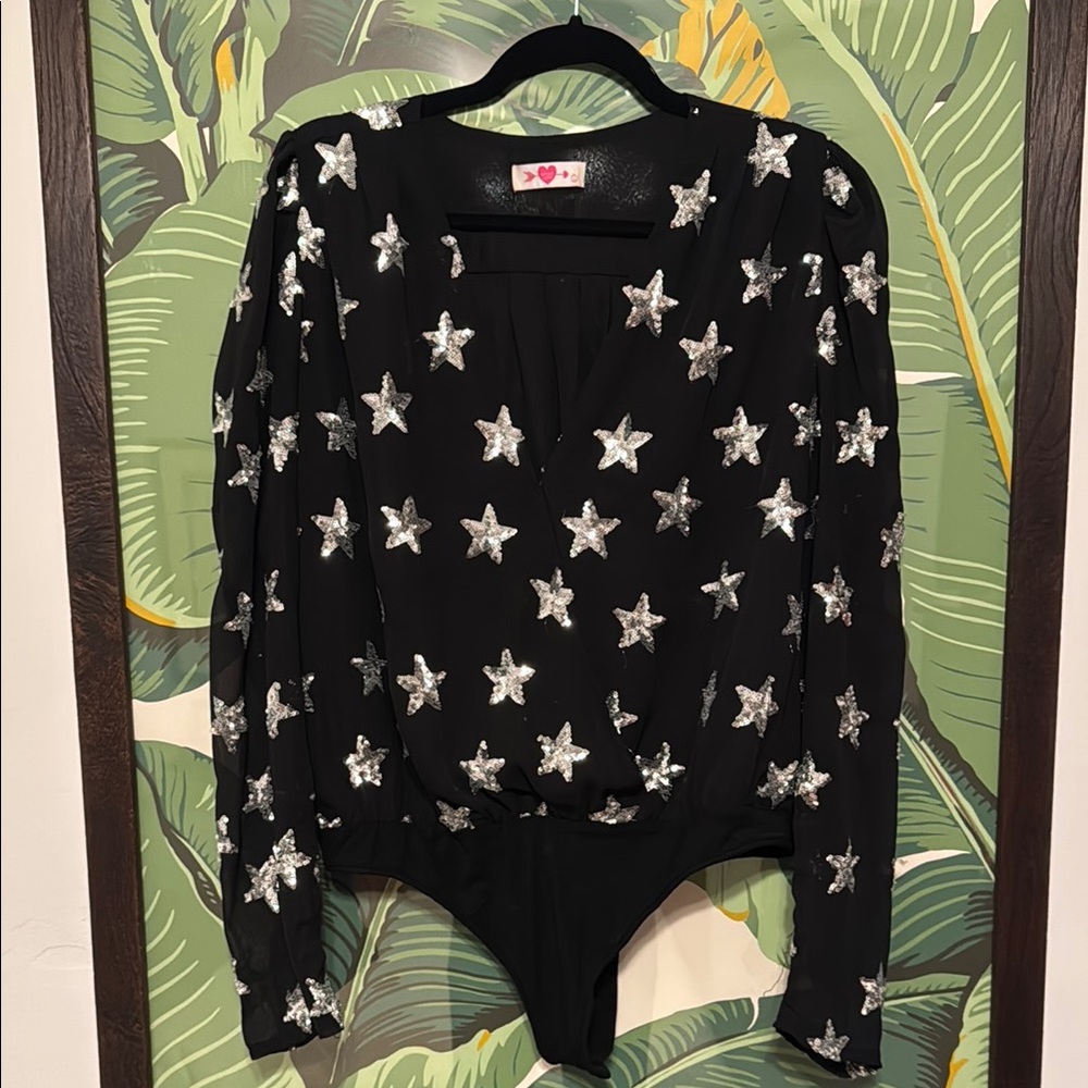 Buddy Love Black and Silver Sequin Star Bodysuit Blouse